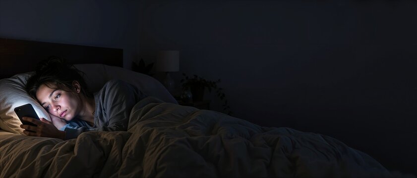 Woman using smartphone in dark bedroom at night. Doomscrolling in bed with blue screen light. Digital wellbeing and sleep insomnia concept with copy space
