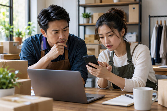 Small business coworkers verify suspicious phone message together