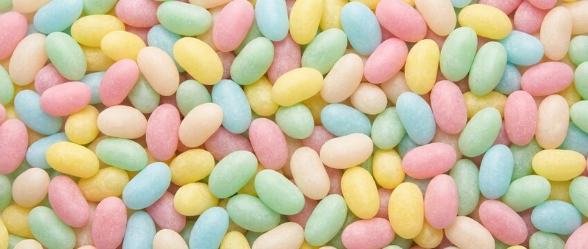 Pastel jelly beans candy background flat lay. Assorted colorful sugary sweets texture for Easter and spring celebration