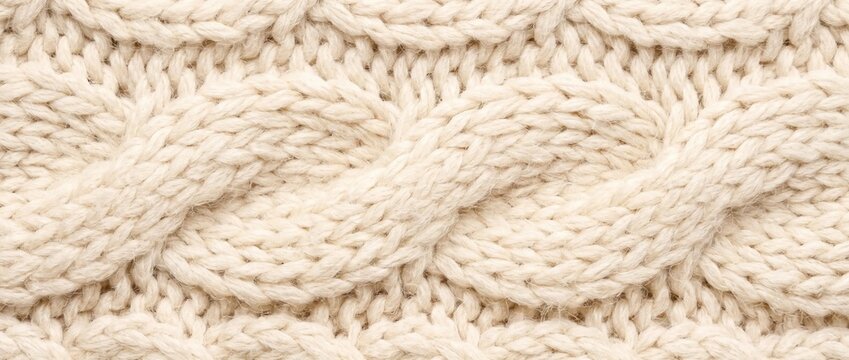 Close up of cream cable knit texture. Chunky off white wool sweater fabric background. Cozy autumn and winter textile pattern