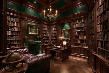 Fototapeta premium Luxurious dark wood library with green walls and