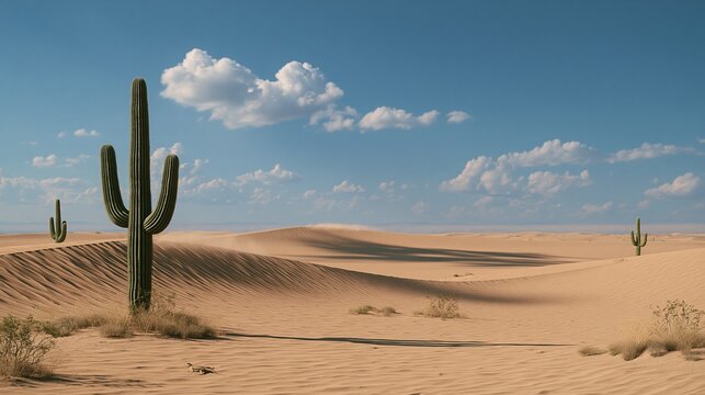 saguaro cacti standing on rolling sand dunes under