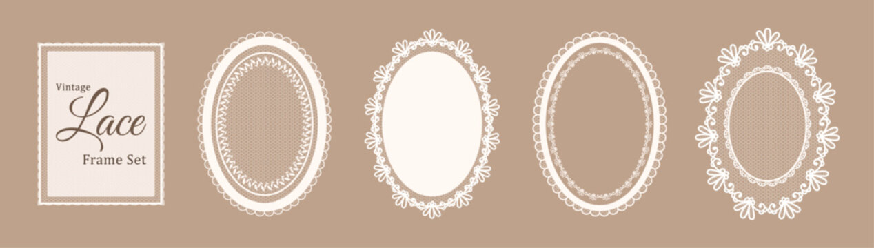 Vintage whimsical lace frames with floral doily patterns. Hand drawn borders for romantic designs, scrapbooking, vintage labels, decorative wedding invitations with ornate shapes. Isolated vector illu