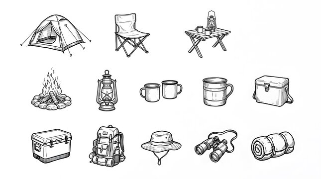 Set of hand drawn camping equipment icons featuring a tent folding chair campfire backpack lantern and travel accessories for outdoor adventure and hiking trips