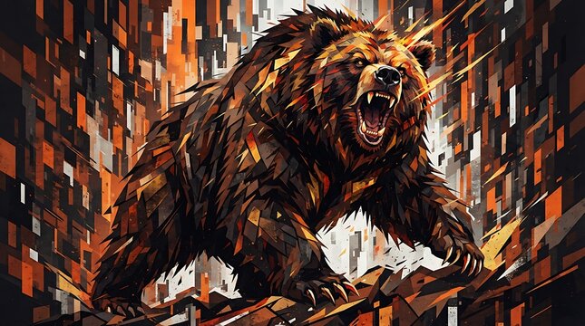 Abstract bear portrait formed from colorful geometric shapes and vibrant digital textures