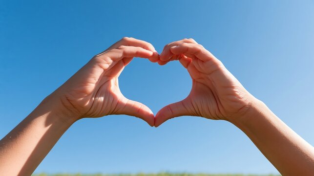 Hands forming heart shape against clear blue sky