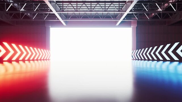 Industrial factory entrance door with neon light, 3d rendering.