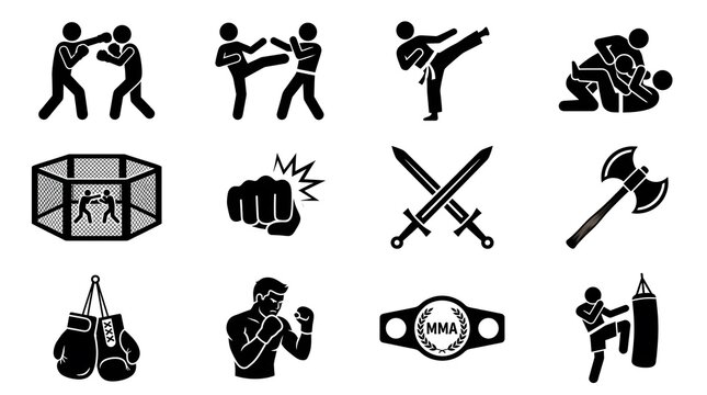 Set of black and white martial arts and combat sports icons featuring fighters weapons boxing gloves championship belts and training equipment in simple style