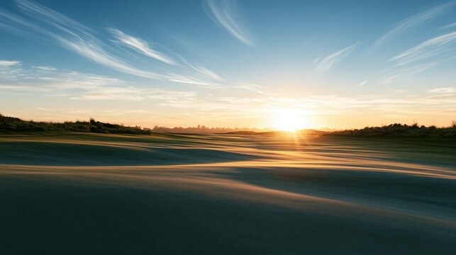 sunrise over rolling sand dunes with blue sky