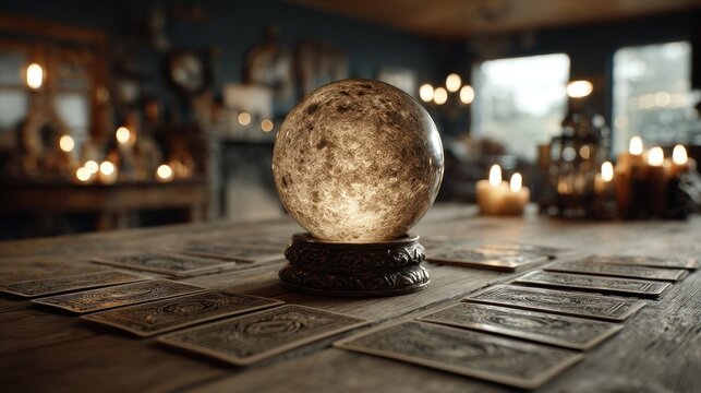 Crystal ball sitting on a table with candles in the background fortune teller copy space
