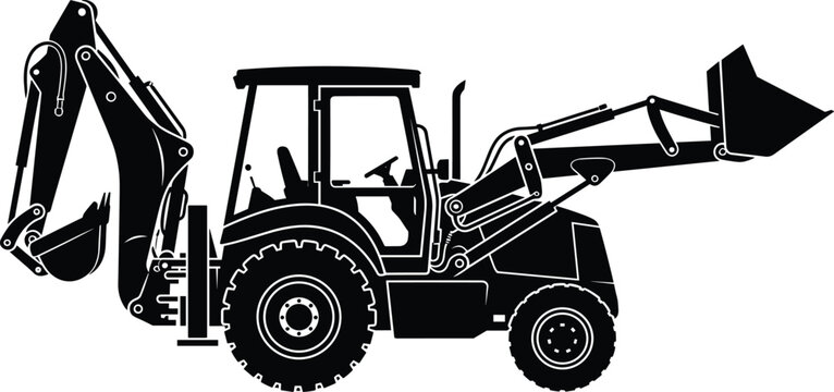 Heavy construction machinery backhoe loader vector icon profile view isolated on plain solid white background