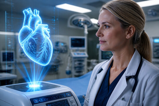 A blonde female doctor looks thoughtfully while a holographic blue heart projection hovers near her in a medical setting.