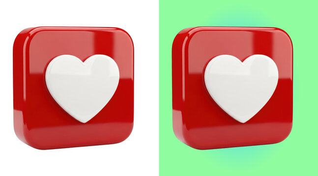 Glossy red square button with white heart symbol 3D icon