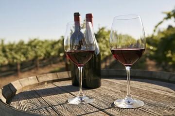 Obraz premium Two glasses of red wine and bottles on