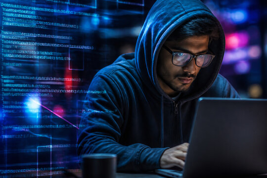 A young man wearing a hoodie and glasses is intensely focused on working on a laptop in a dark setting with glowing code visible behind him.