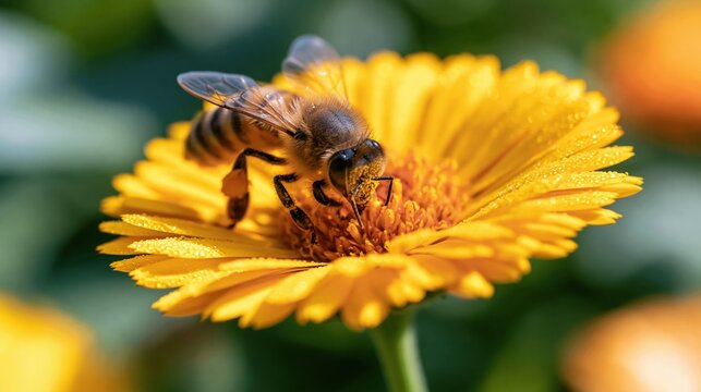 Closeup of a bee gathering pollen from a