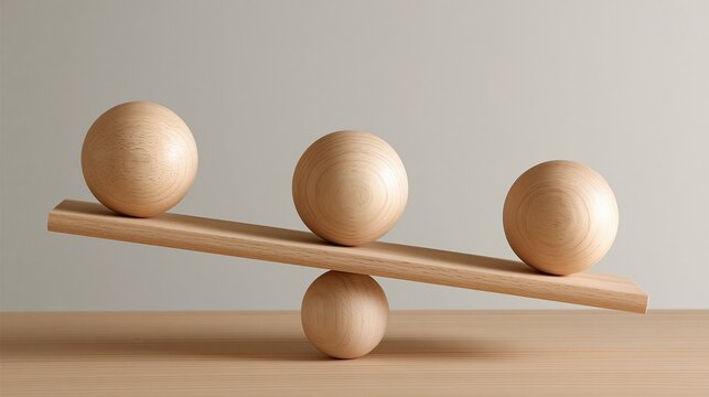 Wooden spheres balanced on plank fulcrum