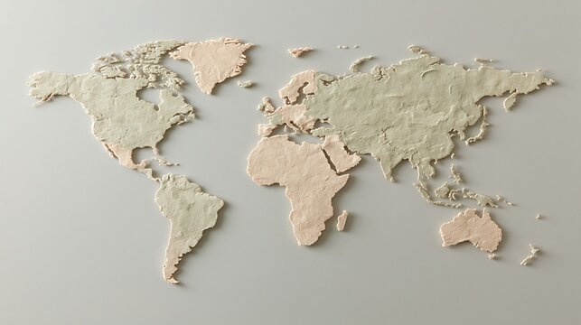 3d textured clay world map on grey background