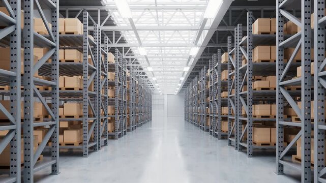 Store shelves with boxes goods in the warehouse, 3d rendering.