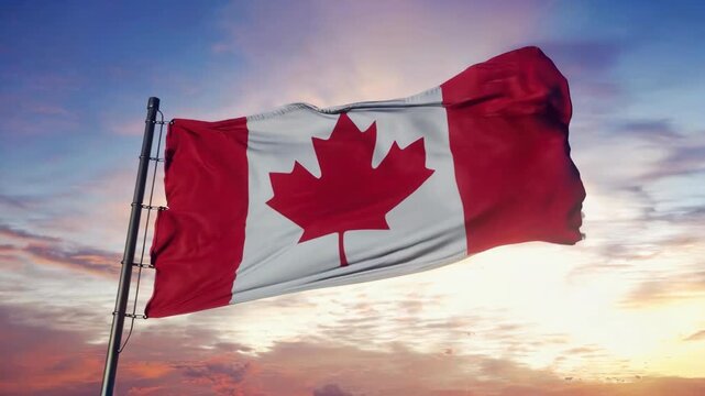 Canadian Flag Waving in the Wind against a Sunset Sky