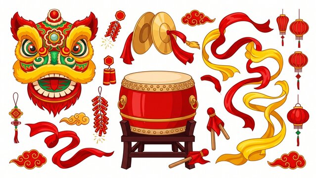 Traditional lion dance costume set with red parade bass drum brass cymbals and silk ribbons for spring festival design kit