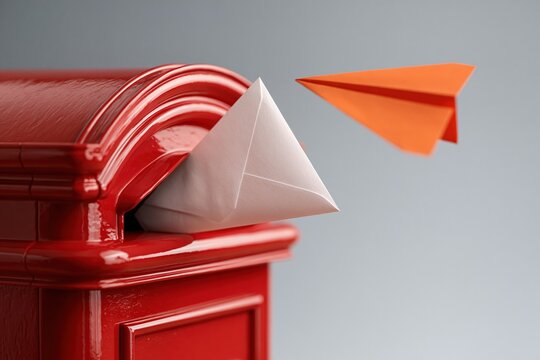 Red postbox with white envelope and flying paper