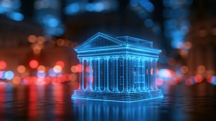 Obraz premium Blue holographic classical building against city lights