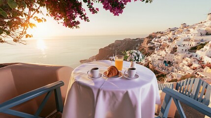 Obraz premium romantic breakfast table overlooking caldera sunset