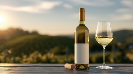 Obraz premium White wine bottle and glass on wooden table