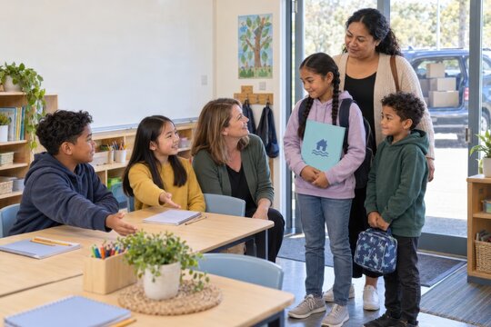 teacher welcomes a child from a climate displaced family into a new classroom while her mother and younger brother support continued education after severe flooding