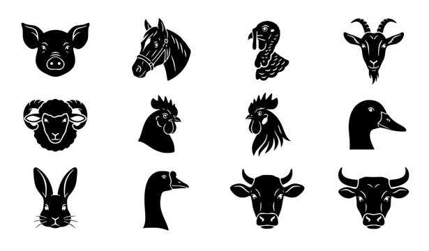 Farm Animal Head Black Silhouette Vector Icon Collection