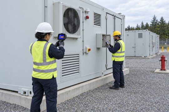 technicians use thermal imaging and electrical test equipment to inspect cooling and fire protection systems on a containerized battery energy storage installation