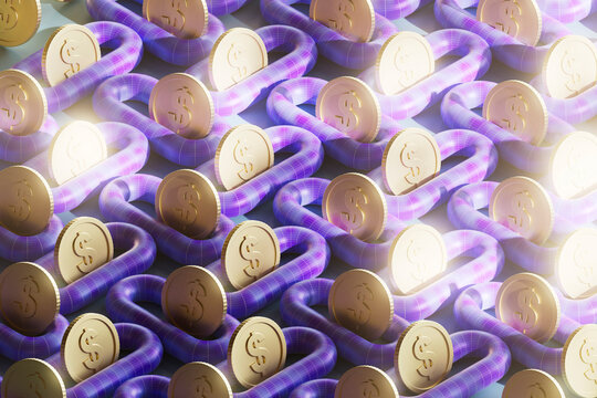 Abundance of Dollar Coins on Futuristic Purple Tubes