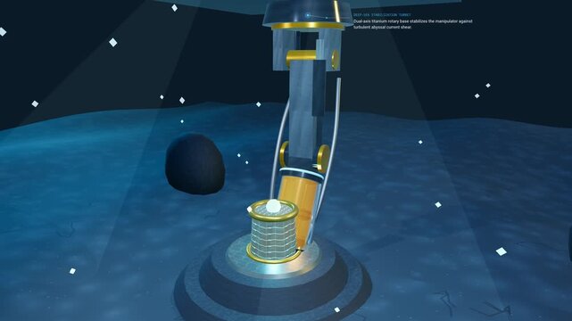 3D animation of an ROV robotic manipulator arm operating on the deep ocean floor at 4000m, utilizing a titanium gripper and hydraulic wrist to recover a glowing relic from the abyssal zone