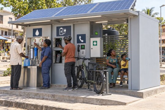 residents collect purified water, charge mobile devices and access emergency communication at a solar powered climate kiosk after a storm disrupts utilities in their neighborhood