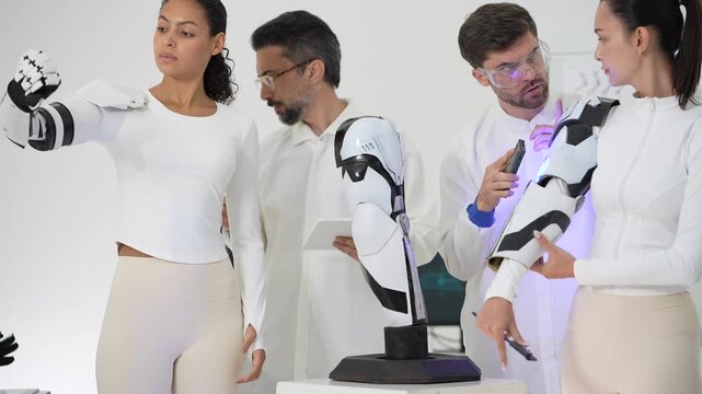 Diverse team of robotics engineers works around a humanoid robot model, a woman wears a bionic arm while colleagues scan with UV light