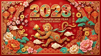 Obraz premium Artistic monkey welcomes happy chinese new year 2028 with peaches