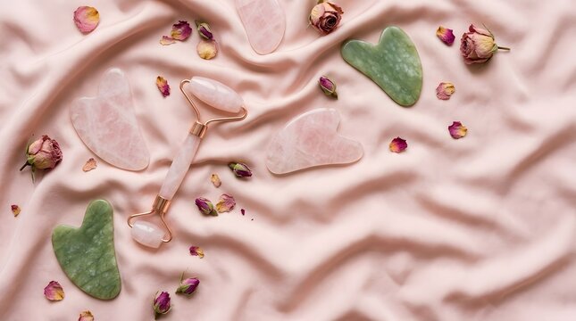 Top view of pink cosmetic cream texture with green jade gua sha tools and dried flower petals