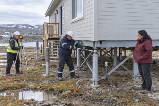 technicians survey and adjust steel foundation supports beneath an elevated northern home, stabilizing the building as thawing permafrost causes uneven ground movement