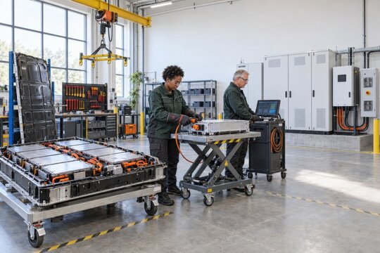 technicians test used electric vehicle battery modules before installation in a stationary energy storage system, supporting reuse, circular economy and lower material waste