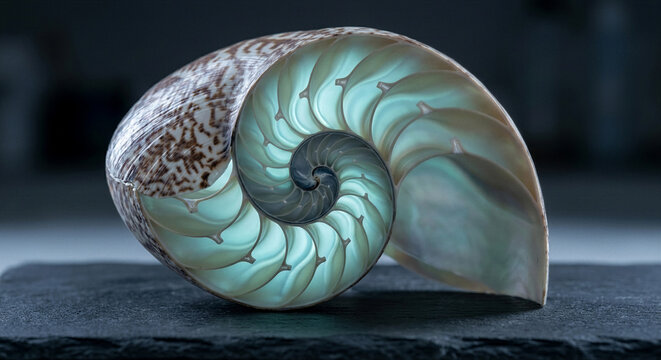 Bisected nautilus shell revealing golden ratio logarithmic spiral chambers with glowing backlight, natural geometry cross section studio photograph