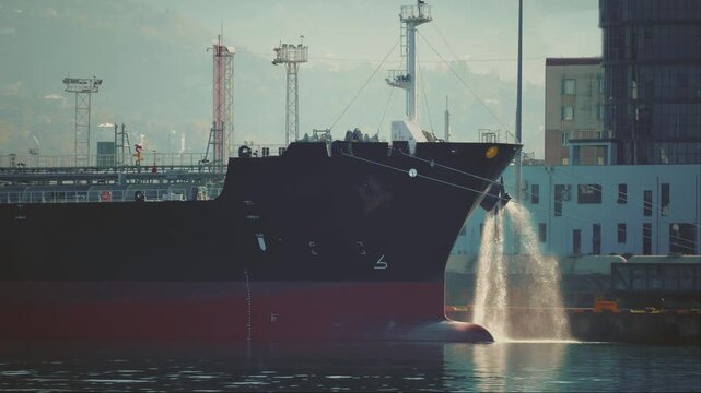 Tanker ship discharging ballast water at industrial port, maritime operation linked to vessel stability, shipping logistics and ballast management.