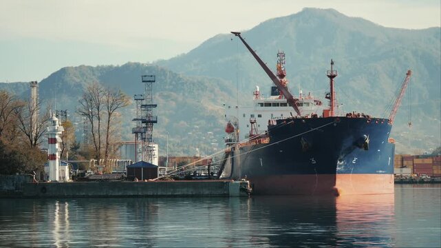 Large tanker ship moored beside harbor lighthouse, maritime freight vessel serving liquid cargo transport, energy logistics and global trade.