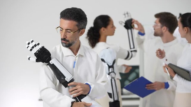 Portrait of a senior scientist in glasses holding a robotic prosthetic arm and smiling at the camera, robotics team in the background
