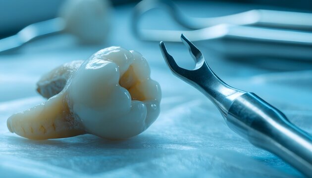 Oral surgery and dental extraction instruments. Dentistry hygiene and tooth decay treatment. Extracted molar tooth and a metal dental tool on a tray