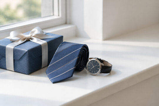 Gift box, folded neck tie and wristwatch on window ledge, Father's Day men's gift concept