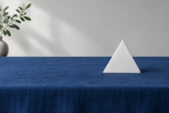 Single white equilateral triangle object on deep blue linen, calm still life for editorial concept