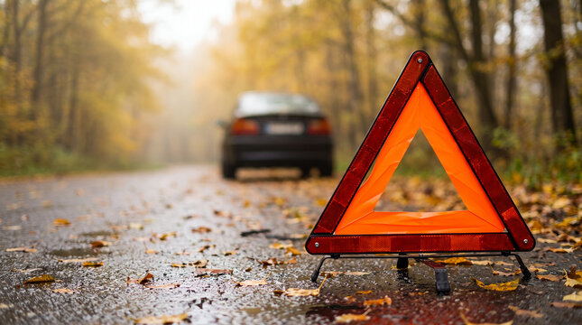 Car breakdown warning triangle on a rainy autumn road  