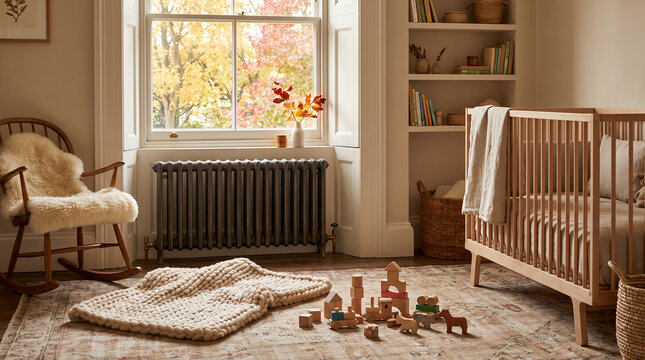 Cozy infant room with crib, toys, and radiator near window  