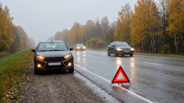 Stalled car with warning triangle on wet highway in rainy weather  